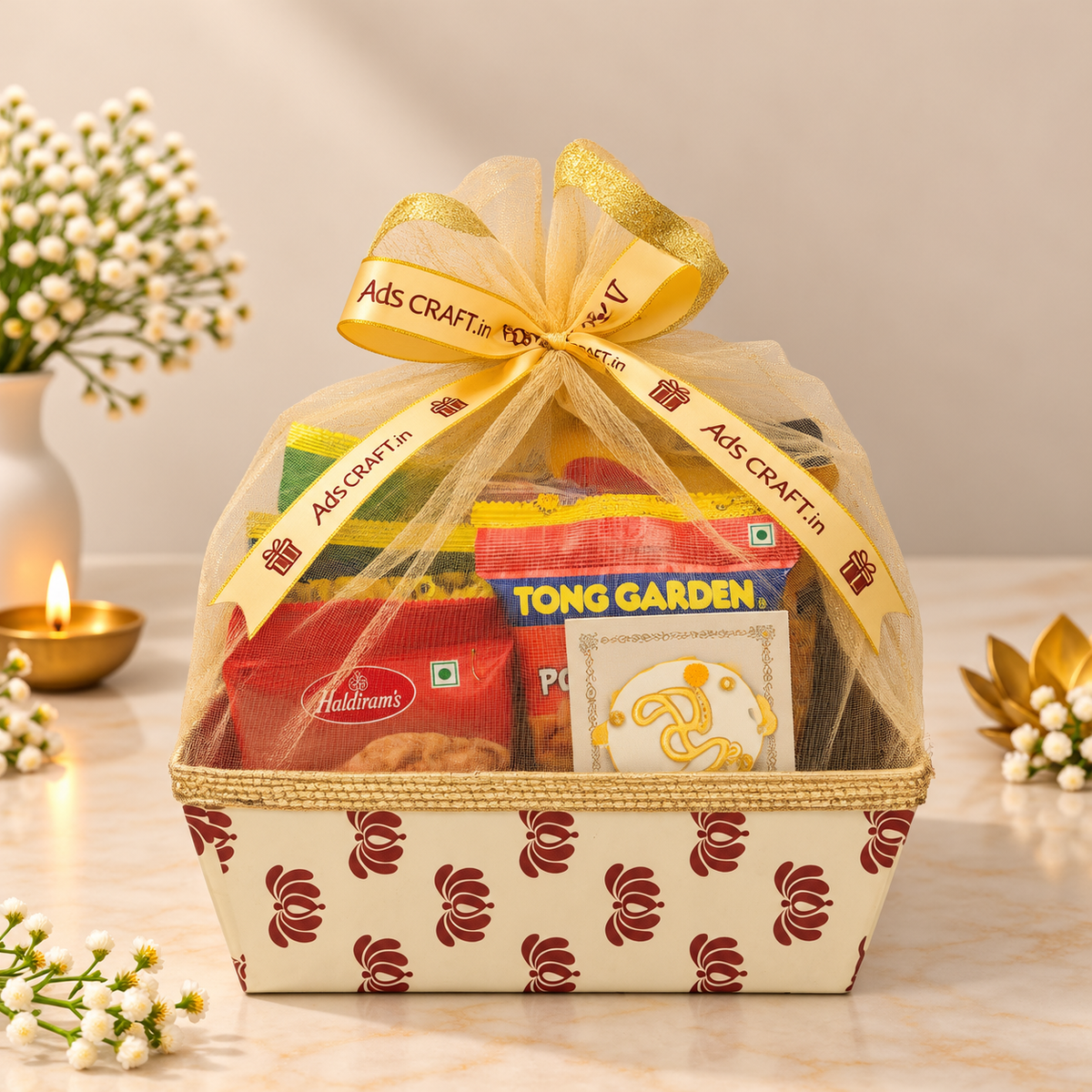 Lotus Festive Net Diwali basket with cashews, almonds, makhana, green peas, namkeen and Shubh-Labh decor
