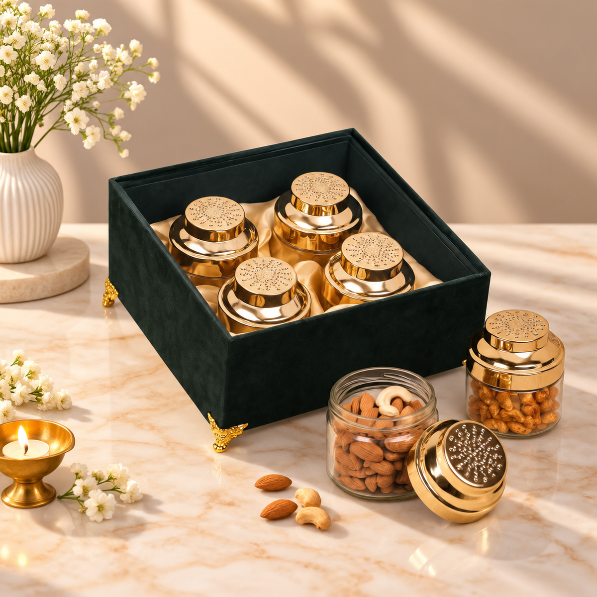 Royal Emerald Green Velvet gift box with four jars for dry fruits, nuts, sweets, mukhwas and chocolates
