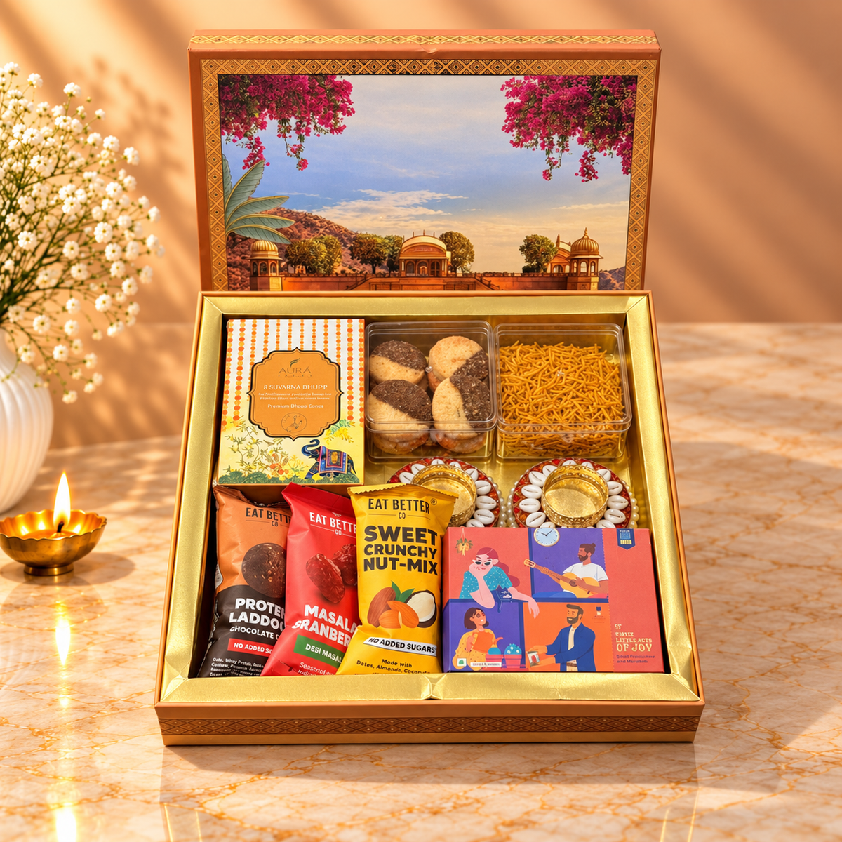 Premium Festive Delight Diwali Box with Branded Acrylic Snack Boxes, Laddoos & Festive Gifts