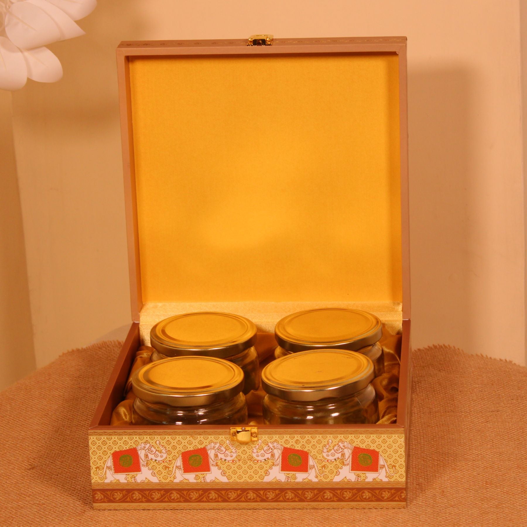 Royal Wedding Palace Printed Floral Dry Fruit Box with 4 Glass Jars – For Gift Hampers & Diwali Hampers