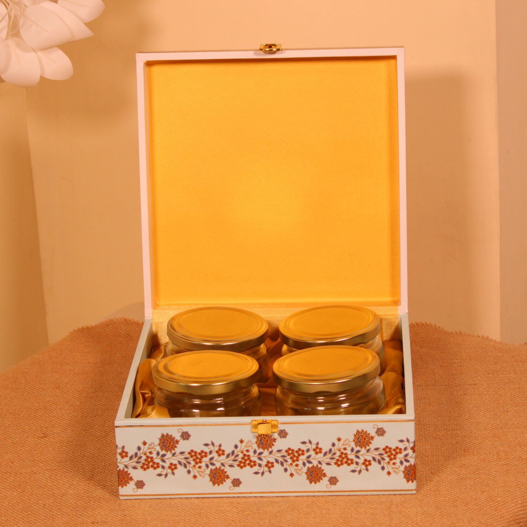 Royal Floral Garden Printed Dry Fruit Box with 4 Glass Jars – For Gift Hampers & Diwali Hampers
