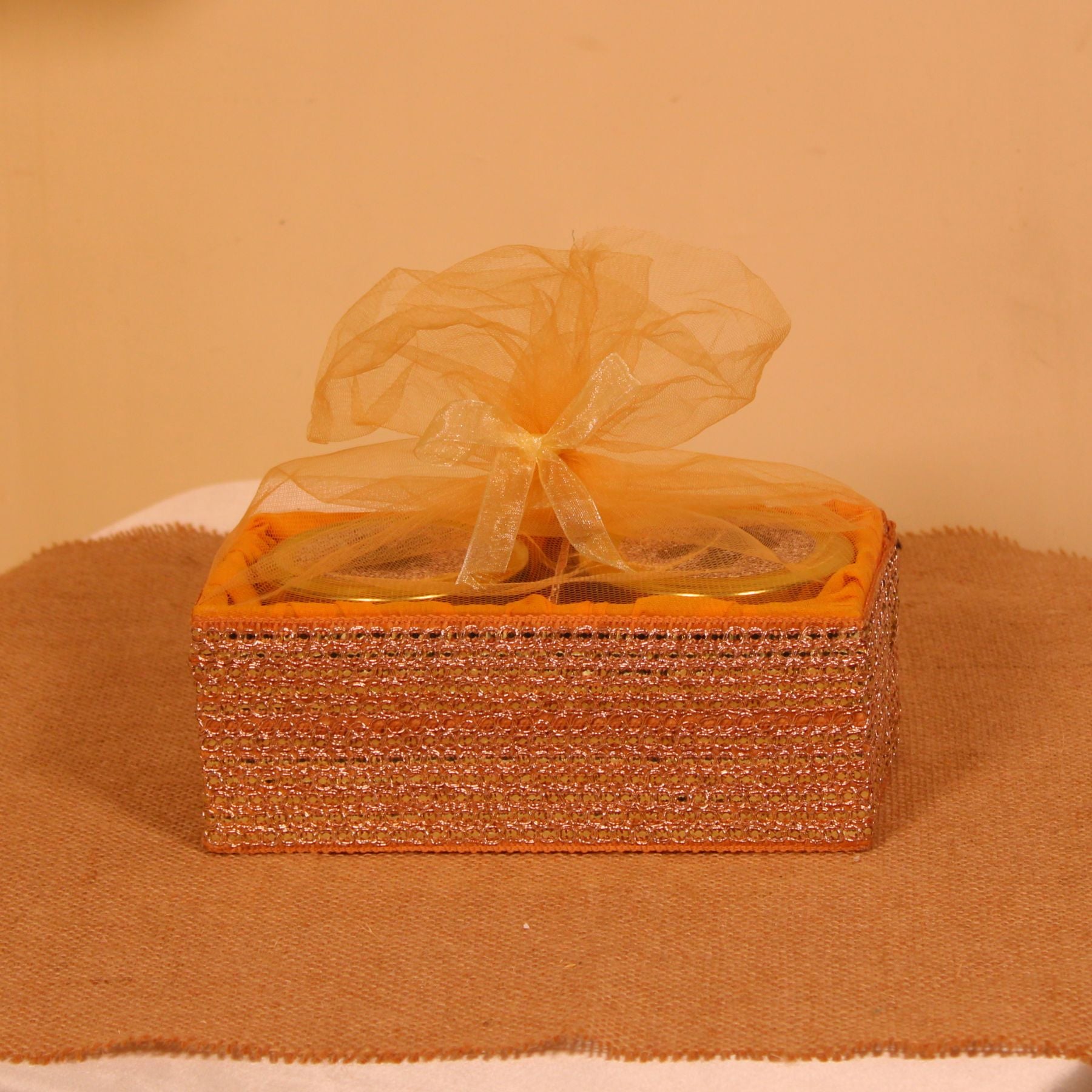 Golden Lace Dry Fruit Net Basket with 2 Glass Jars – For Gift Hampers & Diwali Hampers