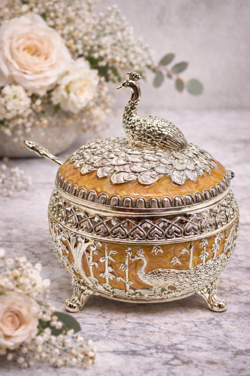 Peacock Design Premium Dry Fruit Box with Spoon – Orange Finish (5 x 5 Inch)