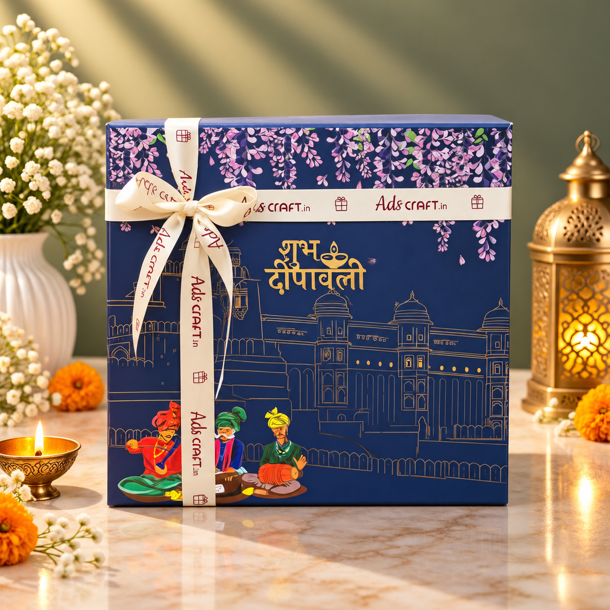 Royal Blue corporate Diwali hamper with custom branded dry fruit boxes, premium snacks and festive gifting accessories