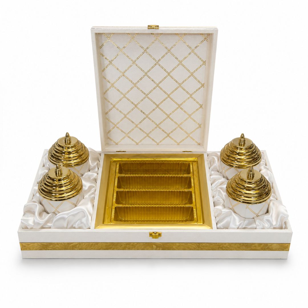 Ivory Gold 4 Jar Dry Fruit Gift Box Set with Decorative Centre Box