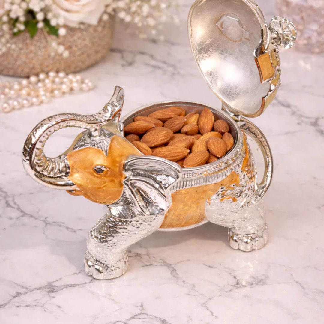 Luxury Elephant Shape Dry Fruit Container with Lid – Silver & Orange Finish (8 Inch)