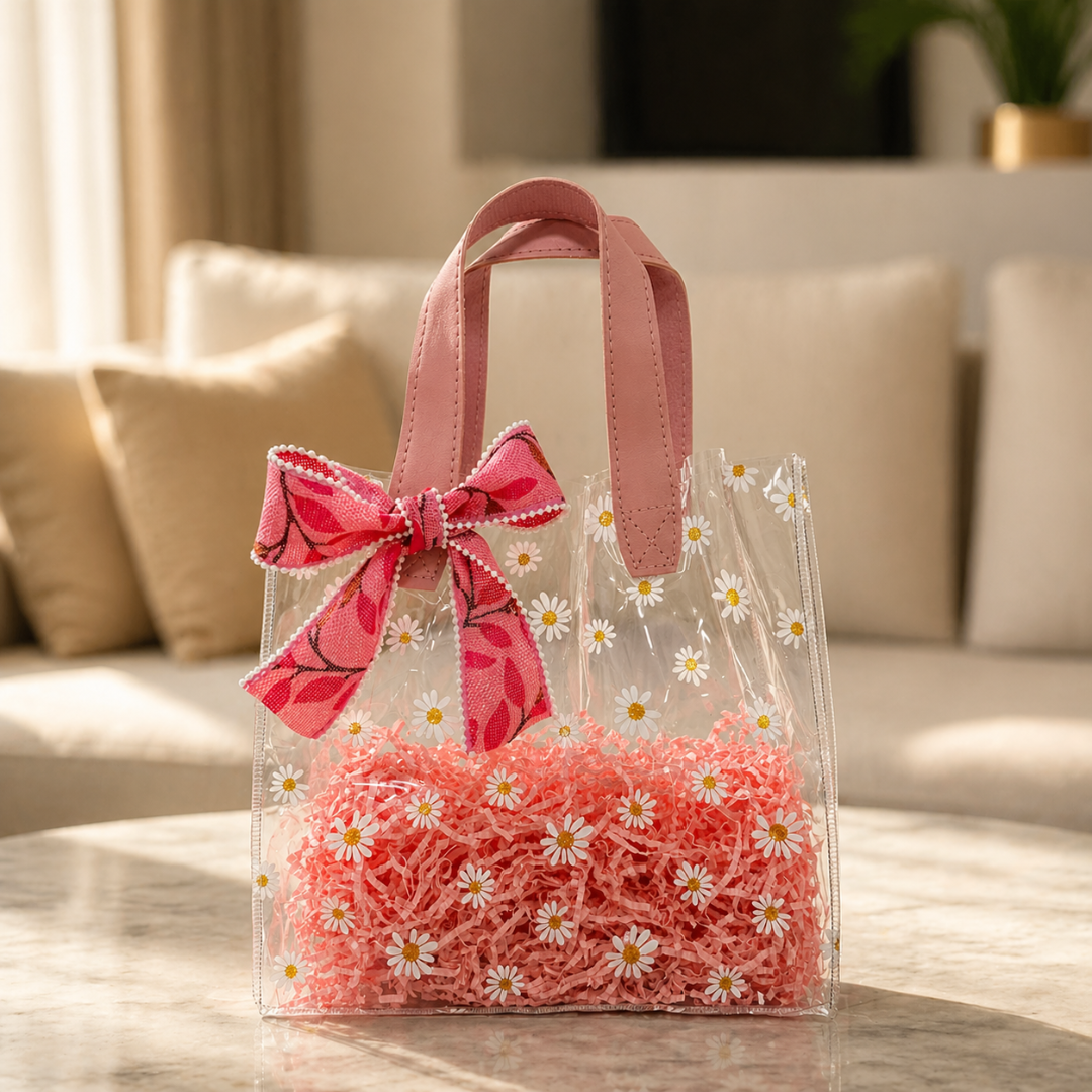 (Set of 5)Premium Transparent Floral Gift Bag with Bow Handle – (10 x 14 Inch)