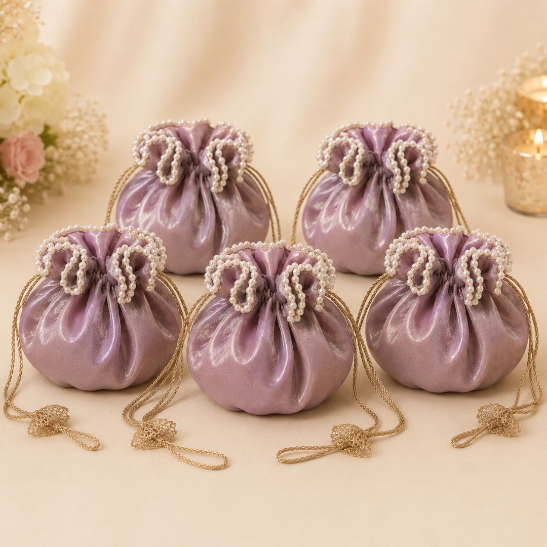 Pack of 5 -Purple Pearl Loop Drawstring Potli Bag