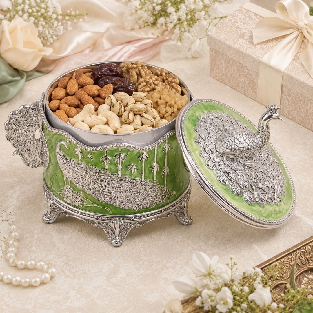 Luxury German Silver Peacock Dry Fruit Box with Handles – Green Enamel Finish (6 Inch) - Adscraft.in