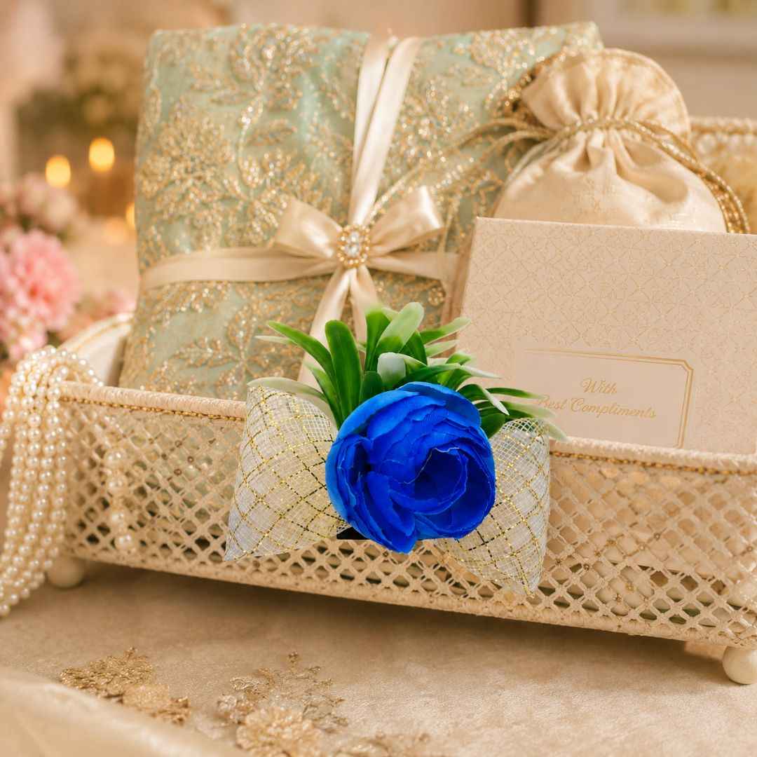 Set of 5 Blue Floral Golden Bow Decoration Accessories for Hamper Packing
