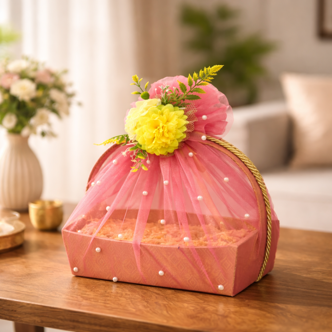 (Set of 3)Premium Peach Net Gift Basket with Floral Top –  (11 x 15 Inches)