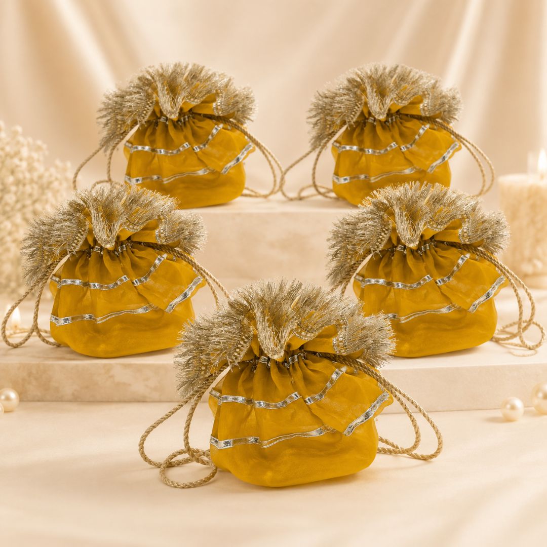 Pack of 5 -Mustard Yellow Gold Lace Drawstring Potli Bag