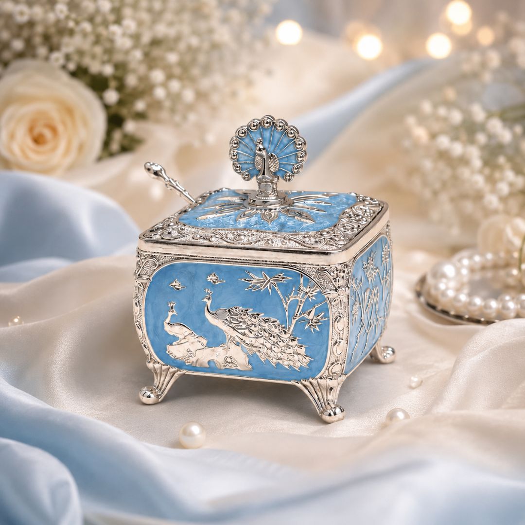Royal Peacock German Silver Dry Fruit Box – Handcrafted Premium Gift (4 x 4 Inch)