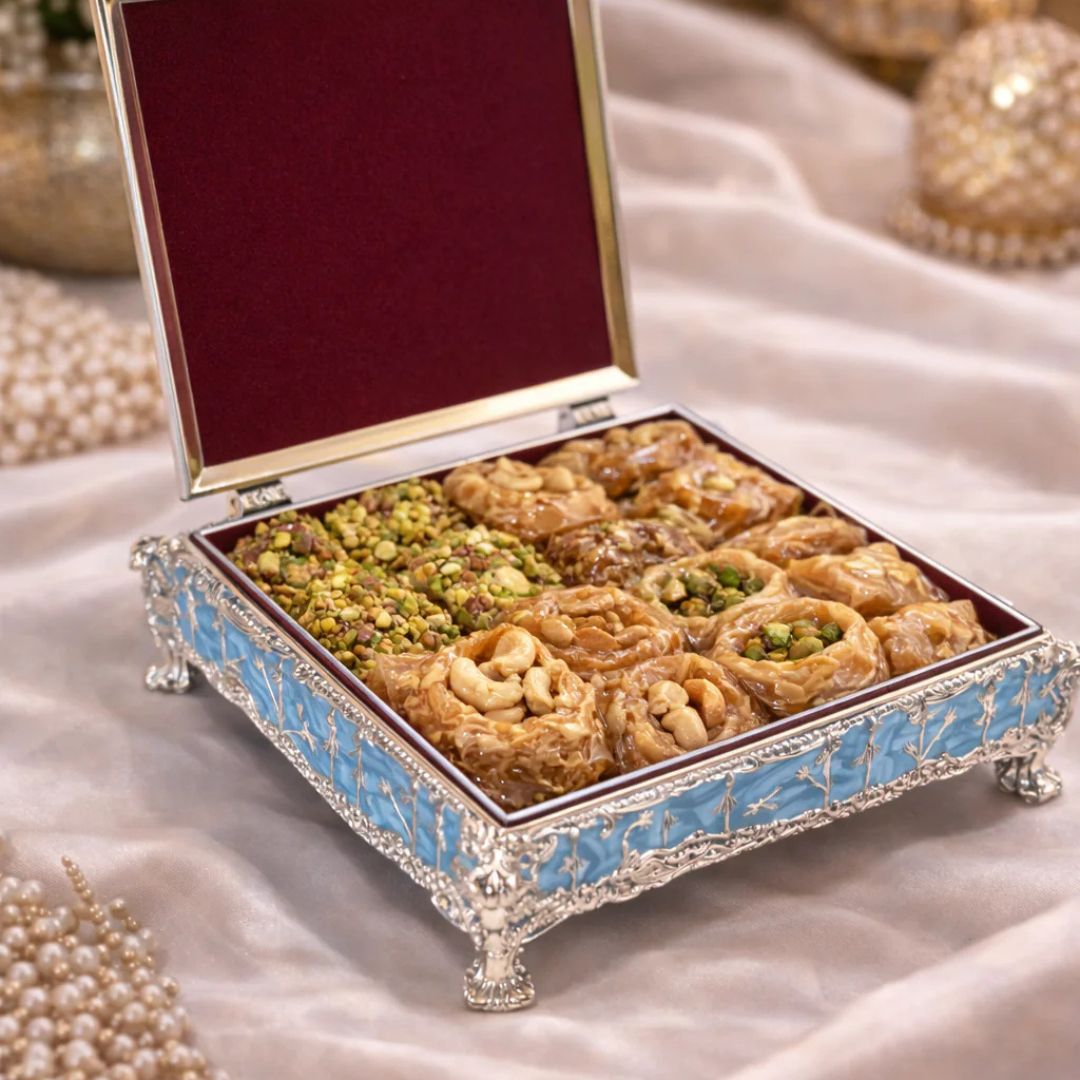 Premium German Silver Peacock Sweet & Dry Fruit Box with Blue Enamel Finish (5 x 5 x 2 Inch)