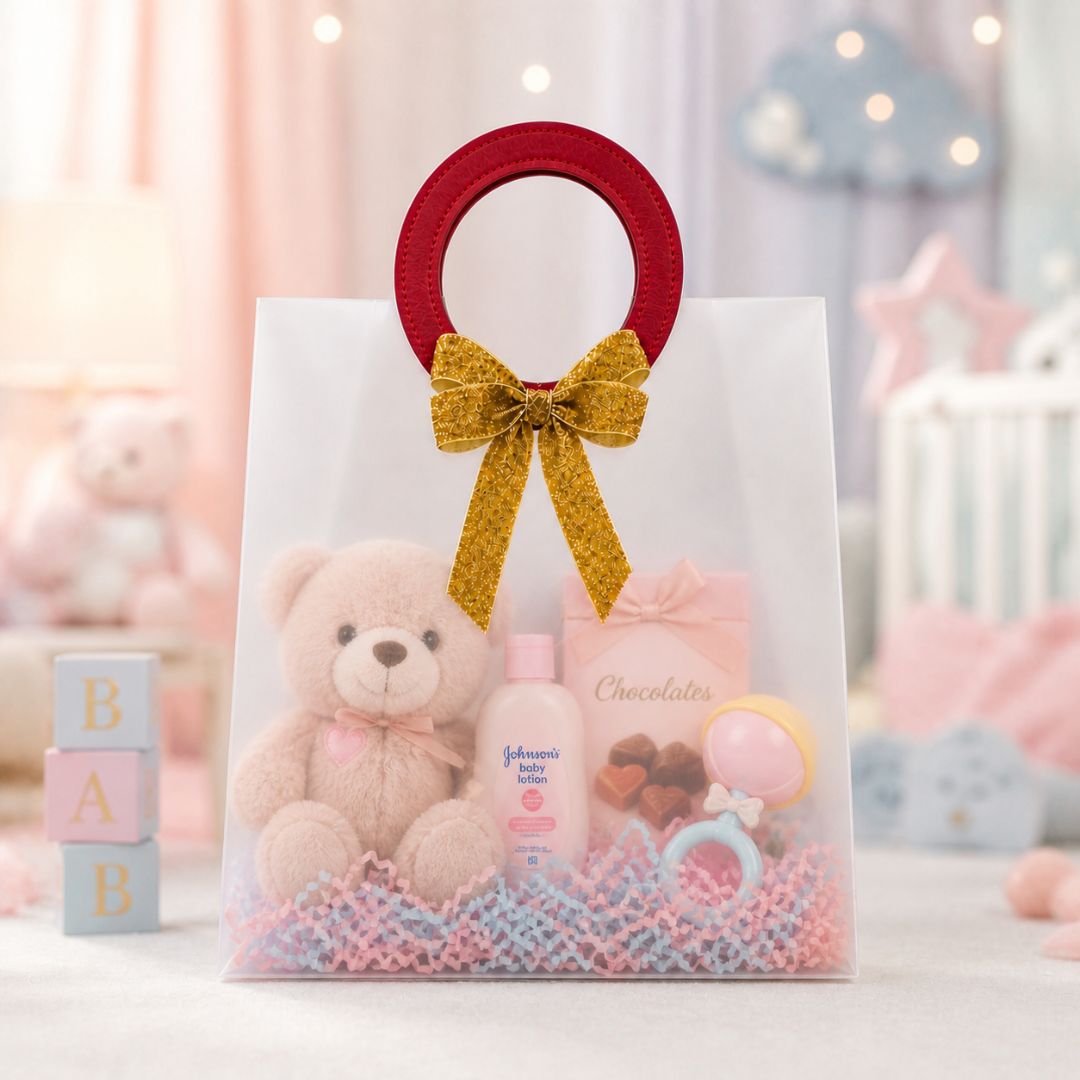 (Set of 5)Premium Frosted Gift Bags with Designer Ring Handle & Golden Bow –(7 x 10 Inch)