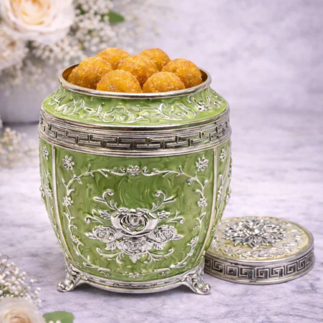 Luxury Green Floral Enamel Storage Jar with Silver Detailing – 7 Inch Decorative Dry Fruit & Sweet Container