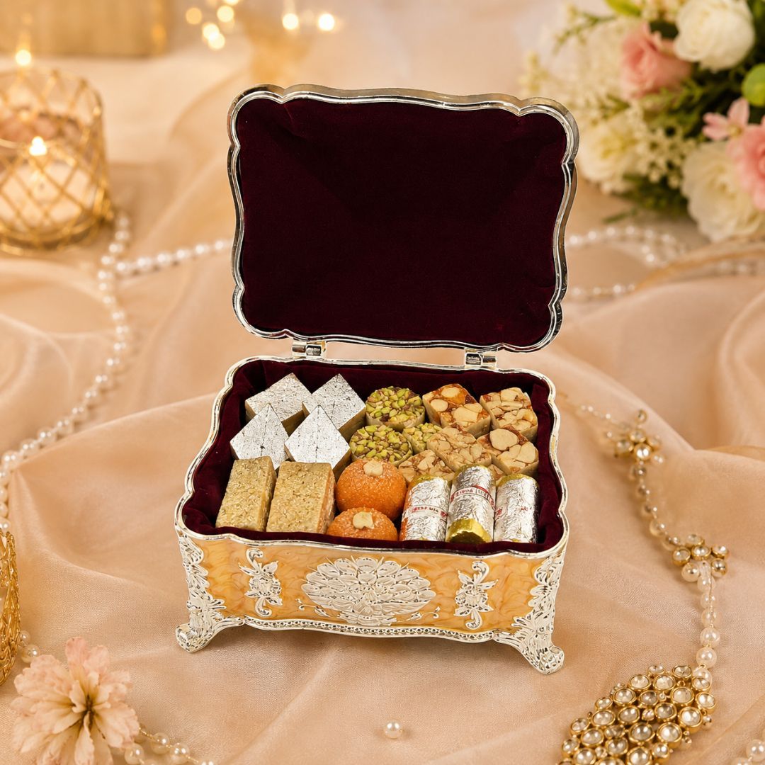 Mustard Enamel German Silver Decorative Jewellery & Keepsake Box (4 x 3 x 3 Inch)