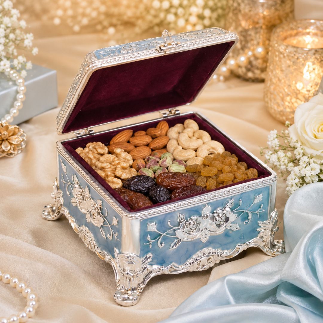 Premium Peacock Design German Silver Jewelry Box – Sky Blue (3 x 3 Inch)