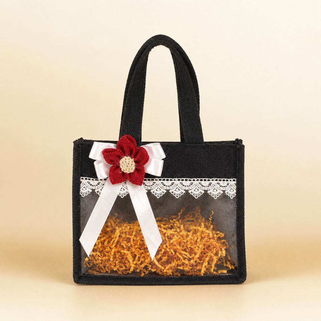 (Set of 5)Premium Black Jute Gift Basket with Transparent Window & Lace Decor | (8 x 10 Inch Sizes)