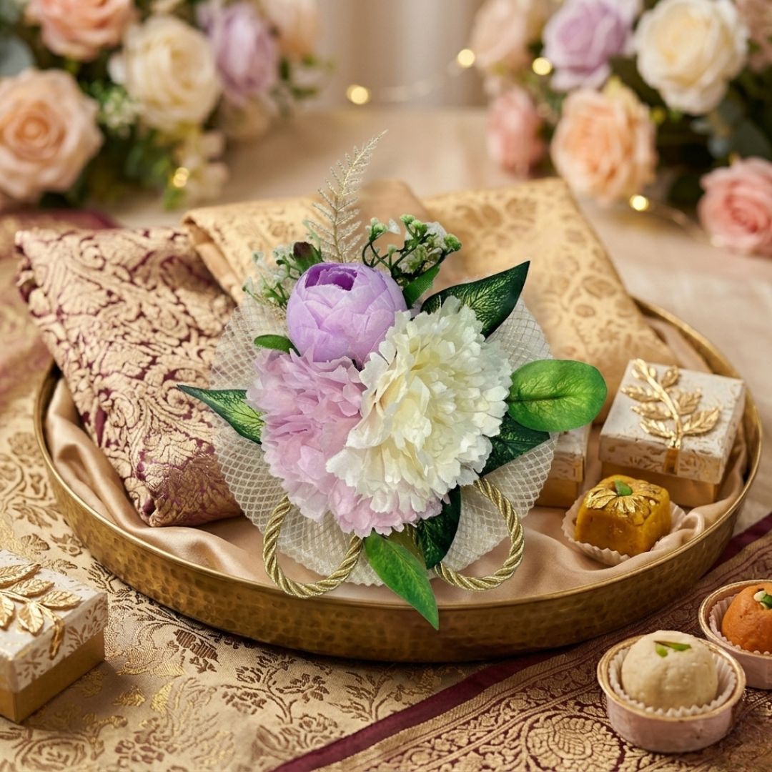 Set of 5 Pastel Pink & White Floral Decorative Accessories for Hamper & Trousseau Packing