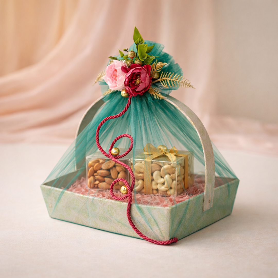 (Set of 3)Premium Mint Green Net Gift Basket with Floral Decor & Handle – 11 x 15 Inches