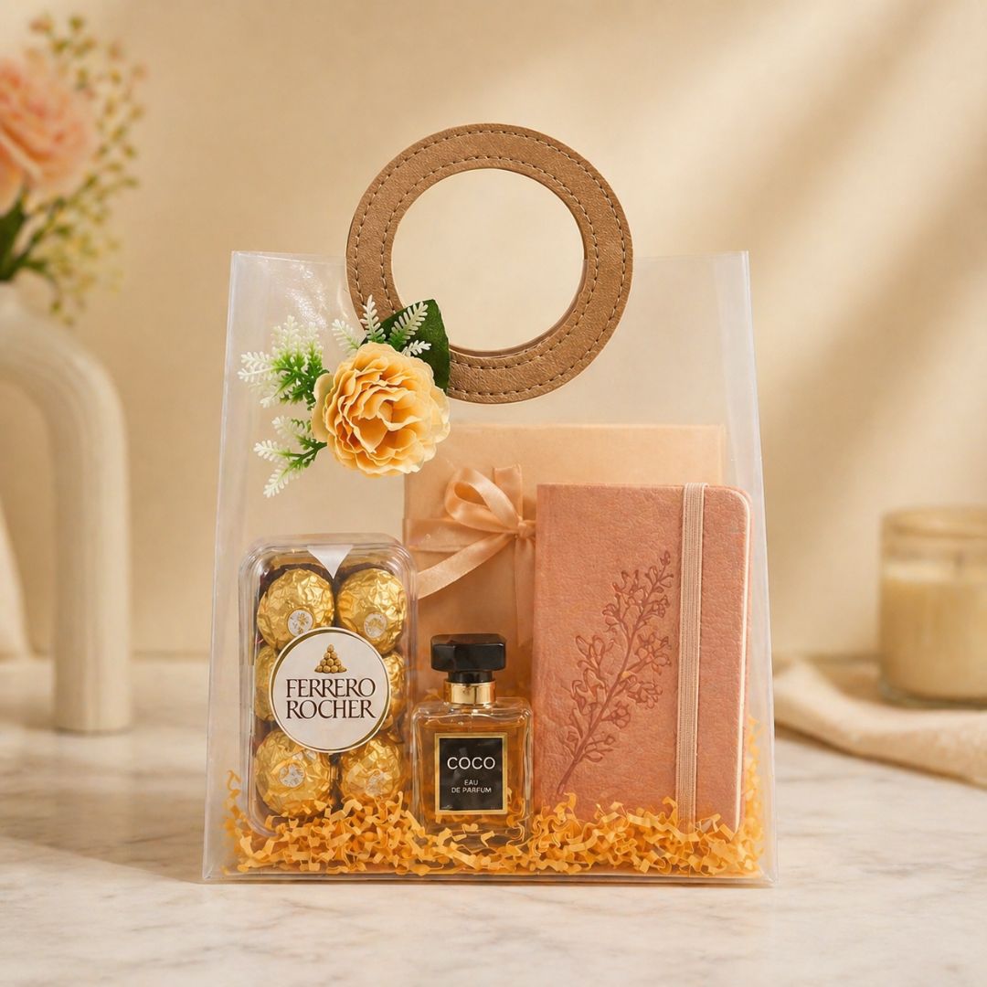 (Set of 5)Premium Frosted Gift Bag with Designer Handle & Floral Accent –(7 x 10 Inches)