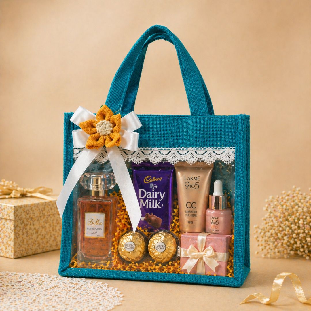 (Set of 5)Premium Teal Jute Gift Basket with Transparent Window & Lace Decor| 8 x 10 Inch Sizes)