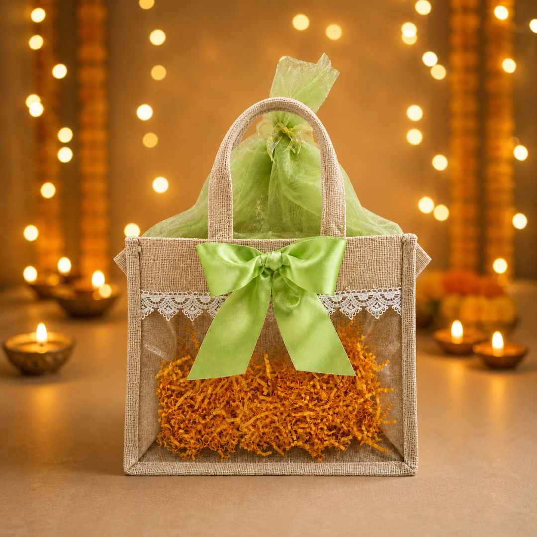 (Set of 5)Premium Jute Gift bags with Transparent Window & Green Bow – 12 x 15 Inches