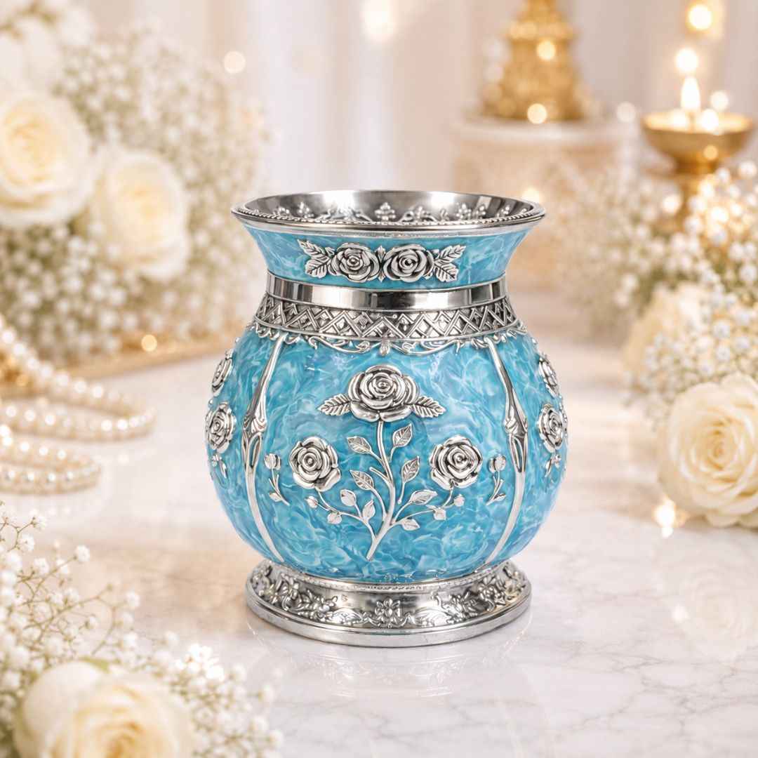 German Silver Floral Kalash with Sky Blue Enamel Work