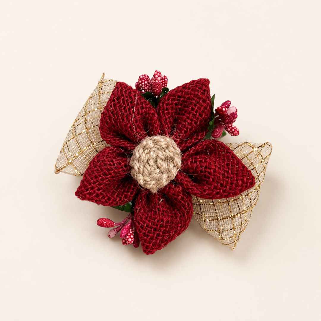 Set of 5 Maroon Jute Floral Golden Bow Decoration Accessories for Hamper Packing