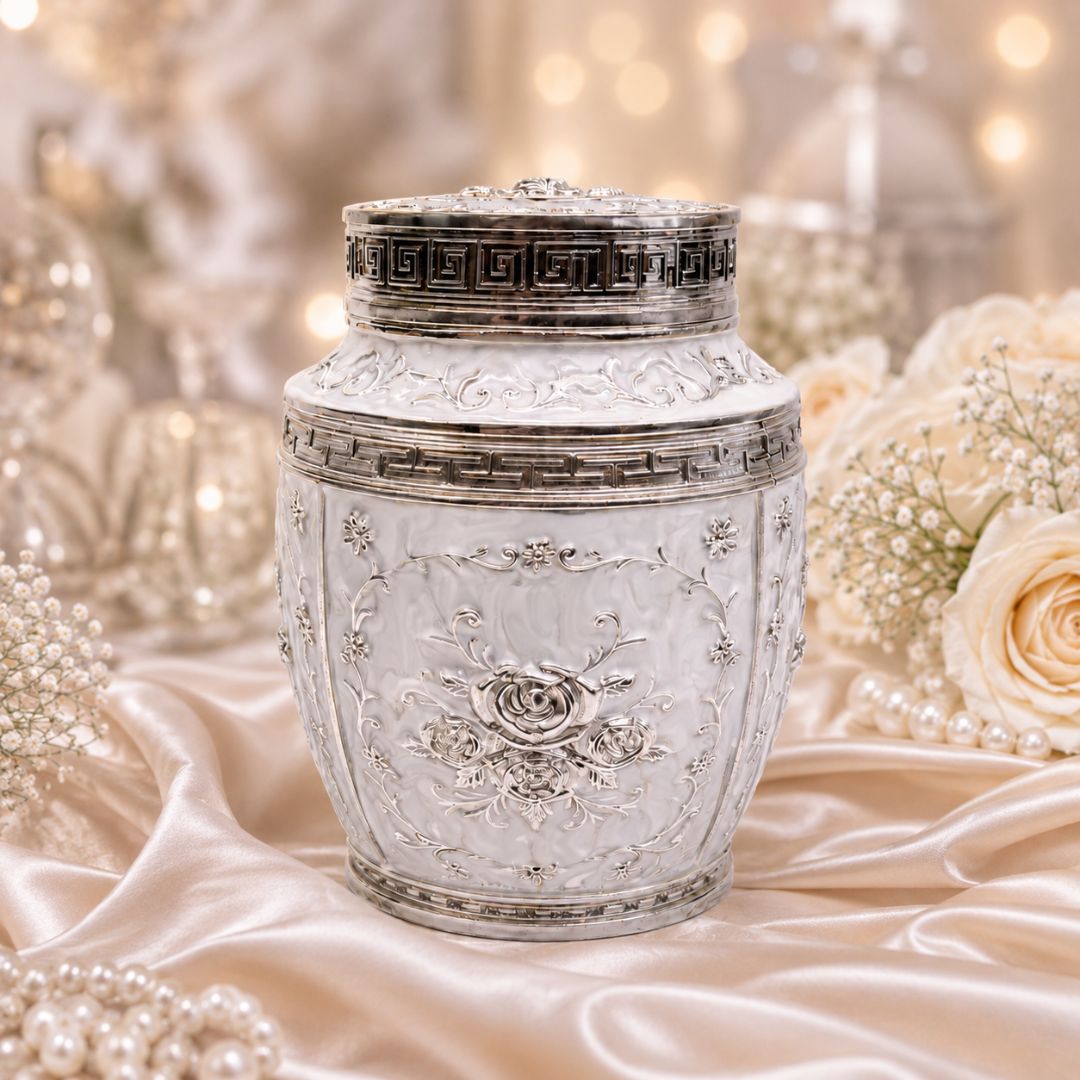 White Floral Silver Decorative Storage Jar (7 x 5 Inch) – Luxury Sweet & Dry Fruit Container