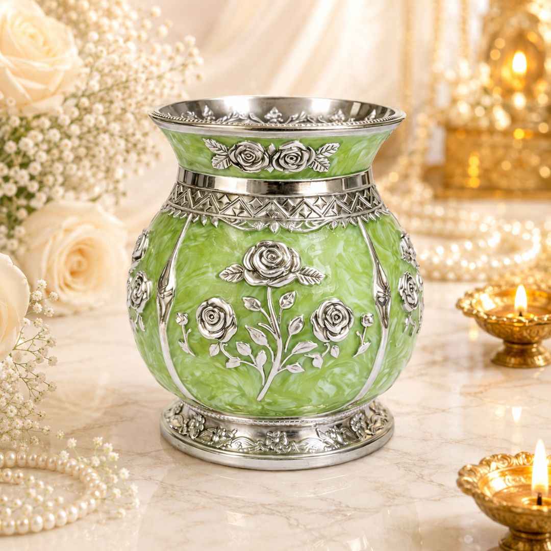 German Silver Floral Kalash with Green Enamel Work