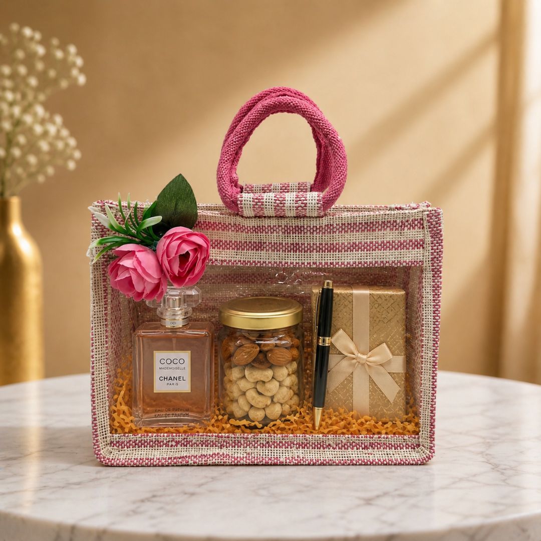 (Set of 5) Premium Pink Jute Gift Bags with Floral Decoration & Handle (11 x 12 Inch) – Wedding Return Gift & Hamper Packaging
