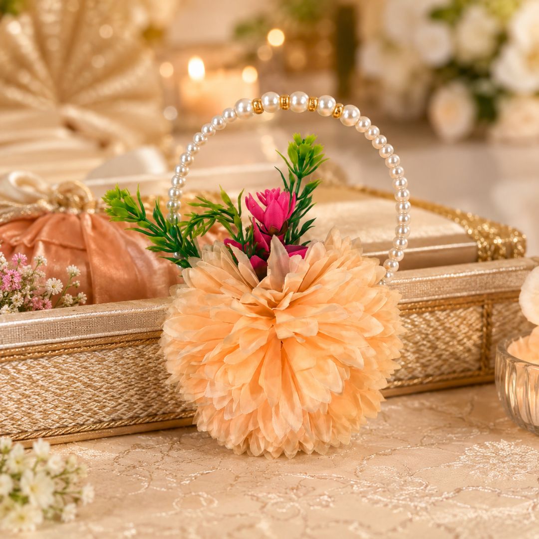 Set of 5 Peach Pearl Handle Floral Decorative Accessories for Hamper & Trousseau Packing