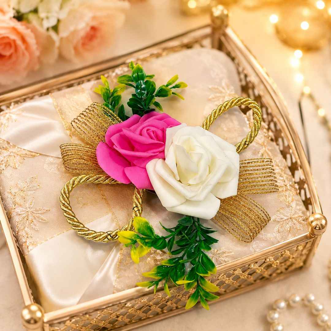 Pack of 5 Pink & White Rose Golden Ribbon Decorative Accessories