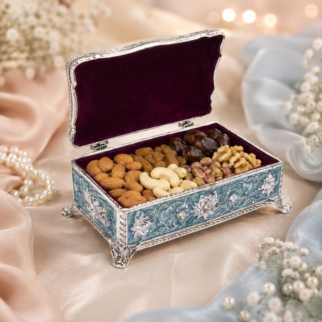 Luxury German Silver Floral Storage Box – Blue Enamel Finish (7.5 x 3.5 Inch)