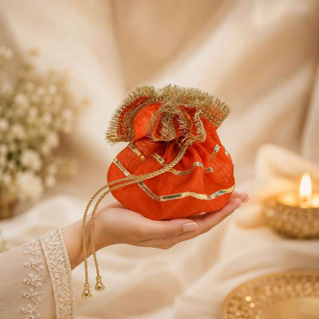 Pack of 5-Orange Gold Lace Drawstring Potli Bag