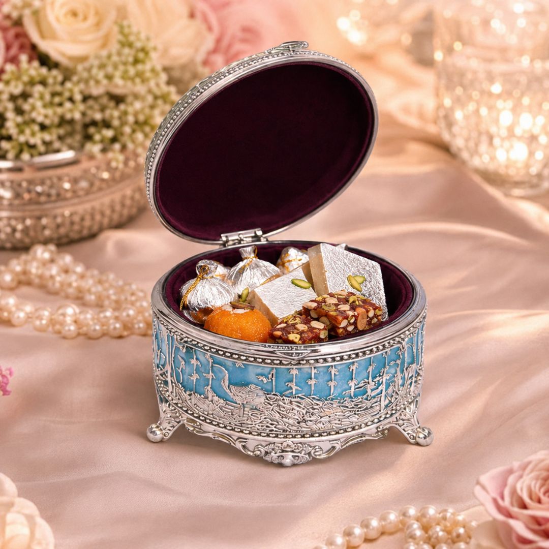 German Silver Peacock Design Round Box (3 Inch) – Luxury Dry Fruit & Return Gift Box