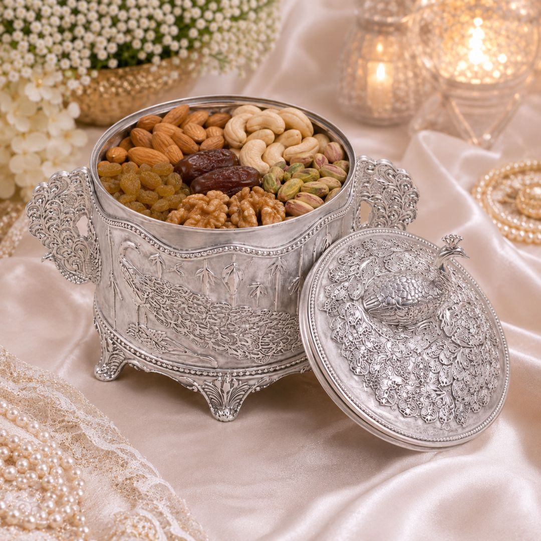 Royal Peacock German Silver Dry Fruit & Sugar Pot – Classic Silver Finish (4 Inch) - Adscraft.in
