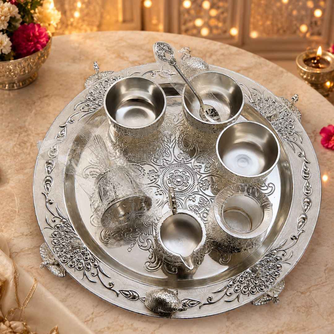 Premium German Silver Serving Set with Embossed Round Tray for Festive Gifting & Pooja Use