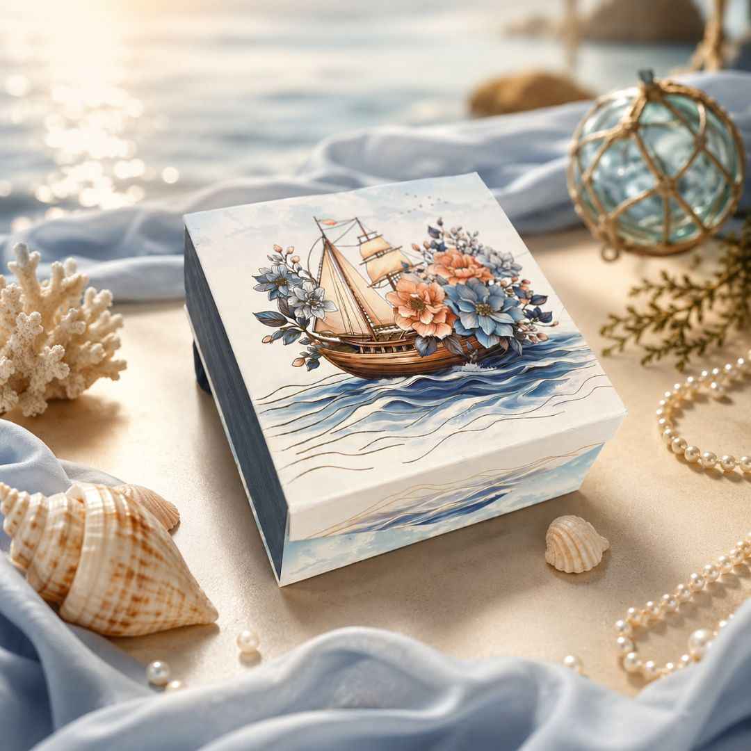 Pack of 5 Sailing Boat Floral Printed Square Gift Box – Premium Gift & Hamper Packaging Box