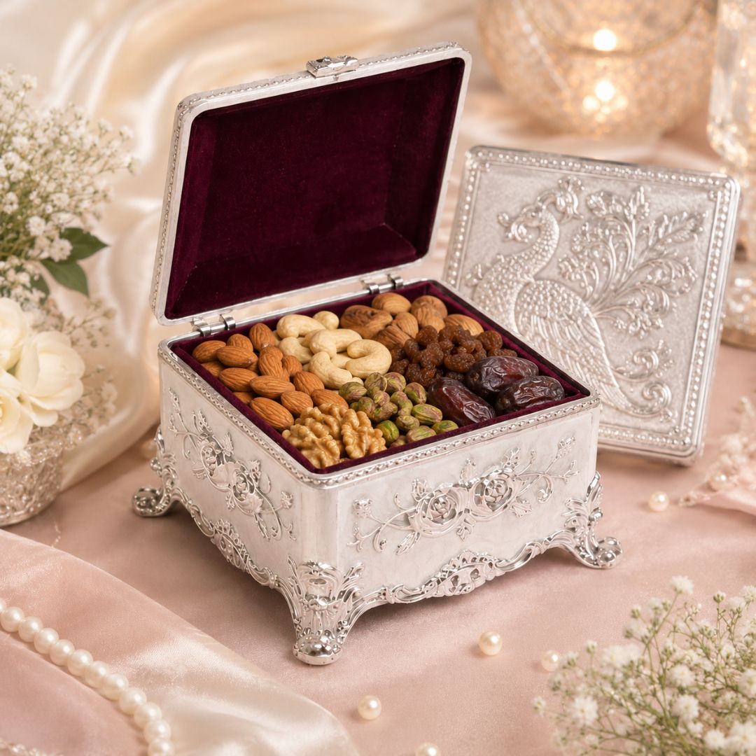 Royal White German Silver Peacock Jewellery Box (3 x 3 x 2 Inch)