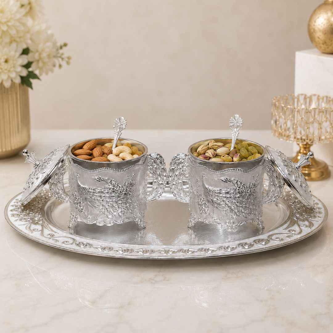 German Silver White Peacock Serving Set with Spoons