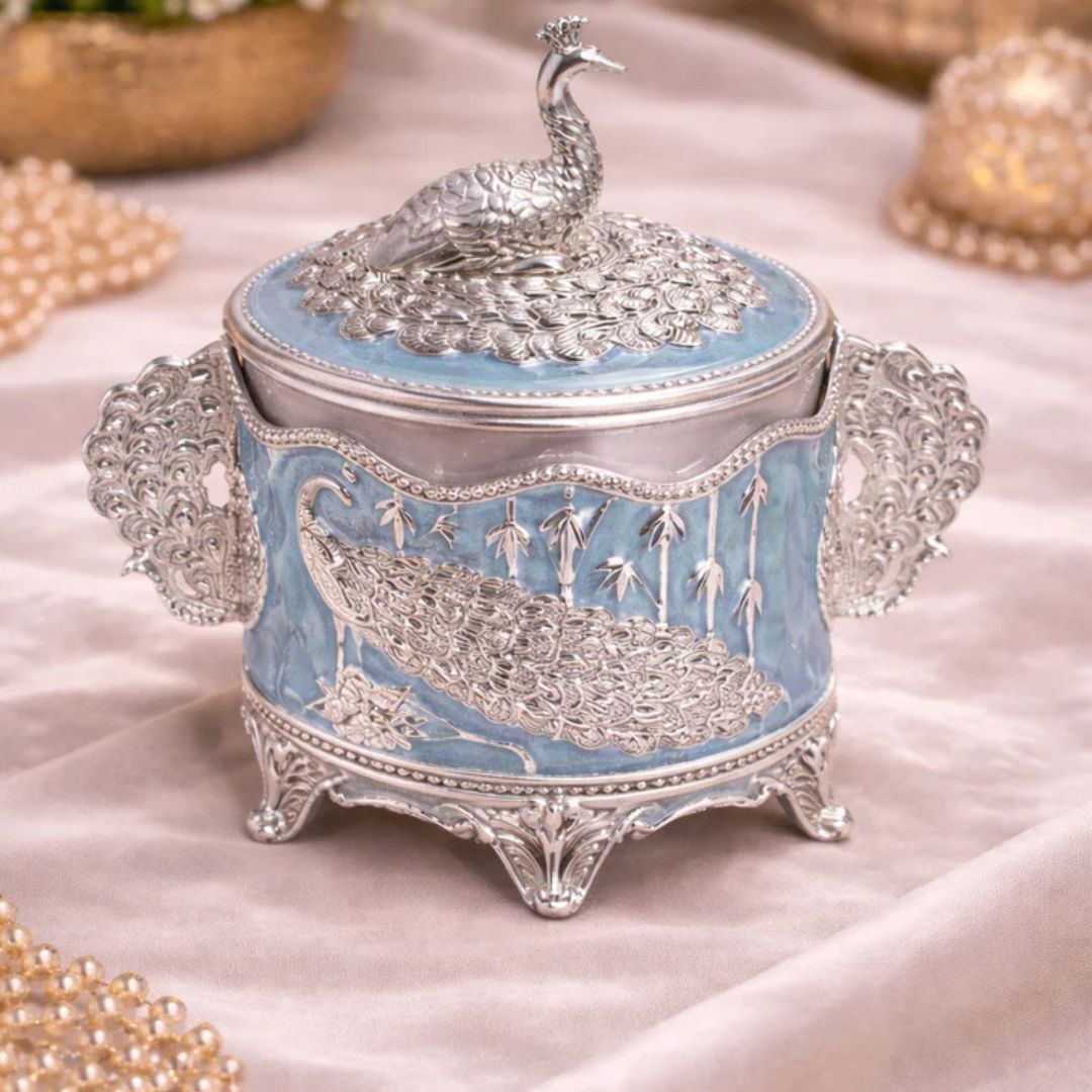German Silver Peacock Round Jar with Lid – 6 Inch Luxury Sweet & Dry Fruit Box - Adscraft.in