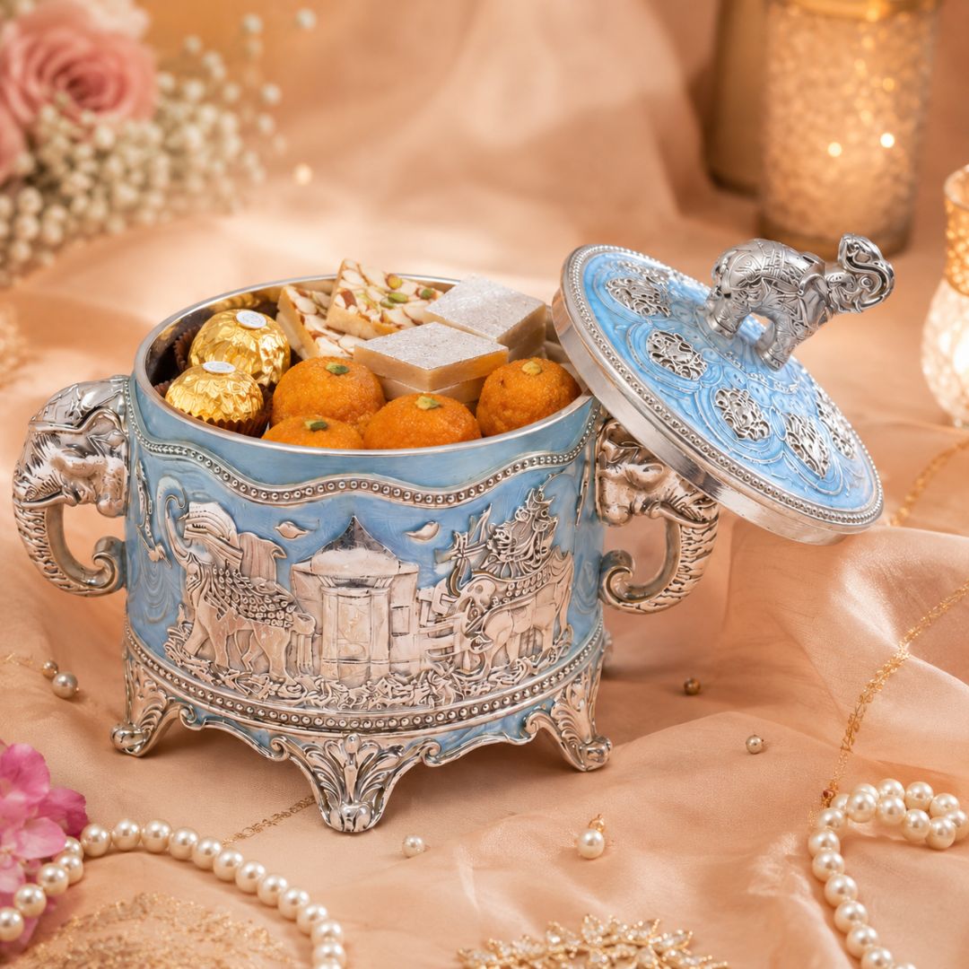Premium German Silver Elephant Design Dry Fruit Box (3 Inch) – Luxury Gifting for Weddings, Diwali & Corporate Occasions - Adscraft.in