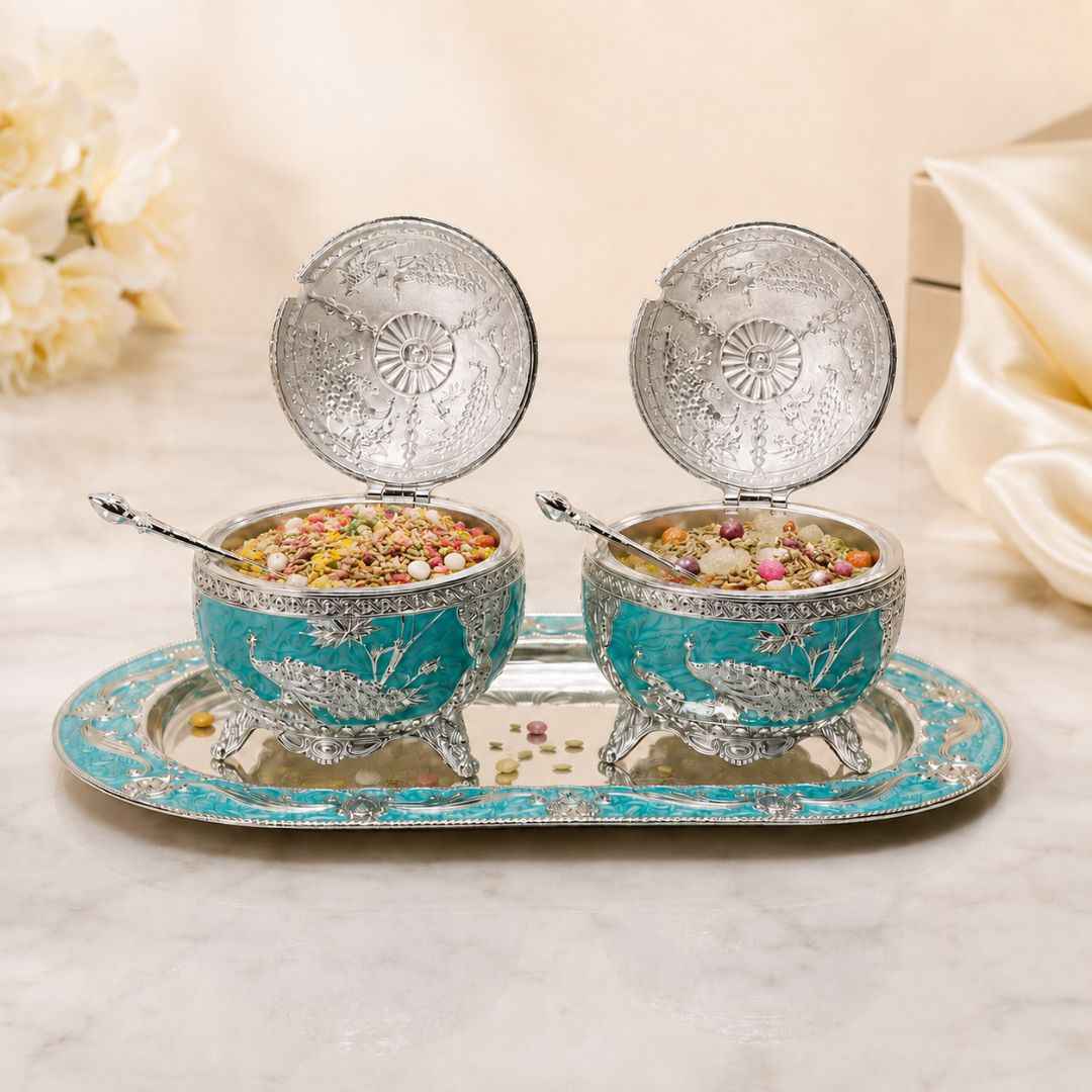 German Silver Aqua Peacock Serving Set with Spoons