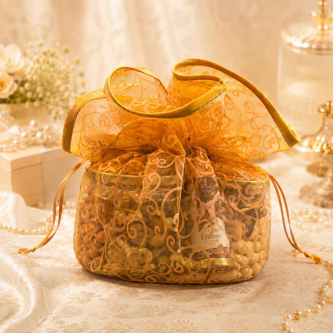 Orange Organza Potli Gift Bag Pack of 5 with Golden Base