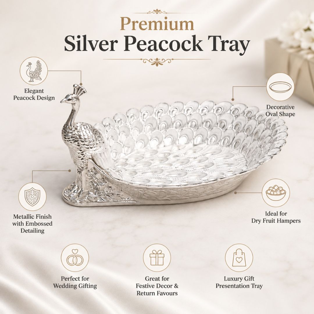 Peacock-Shaped German Silver Dry Fruit Tray (8 Inch) – Elegant Wedding & Festive Serving Platter