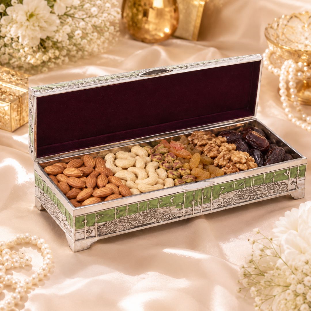 Premium German Silver Peacock Dry Fruit Box with Green Enamel Finish (9 x 3.5 x 2 Inch)