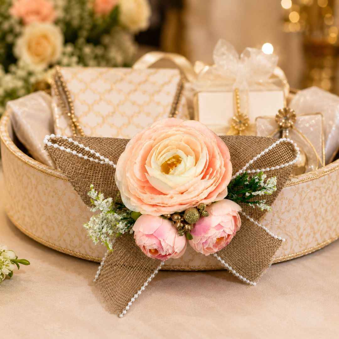Set of 5 Peach Floral Decorative Accessories with Pearl Mesh Bow for Hamper Decoration